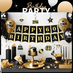 60Th Birthday Decorations for Men Women Black Gold, 37PCS Pre-Strung Happy Birth