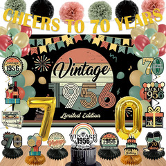 47Pcs 70Th Birthday Decorations for Men Women, PRE-STRUNG Vintage 1956 Banner Pa