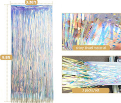3 Packs Foil Curtain Backdrop 9.8X3.28Ft Iridescent Metallic Tinsel Foil Fringe