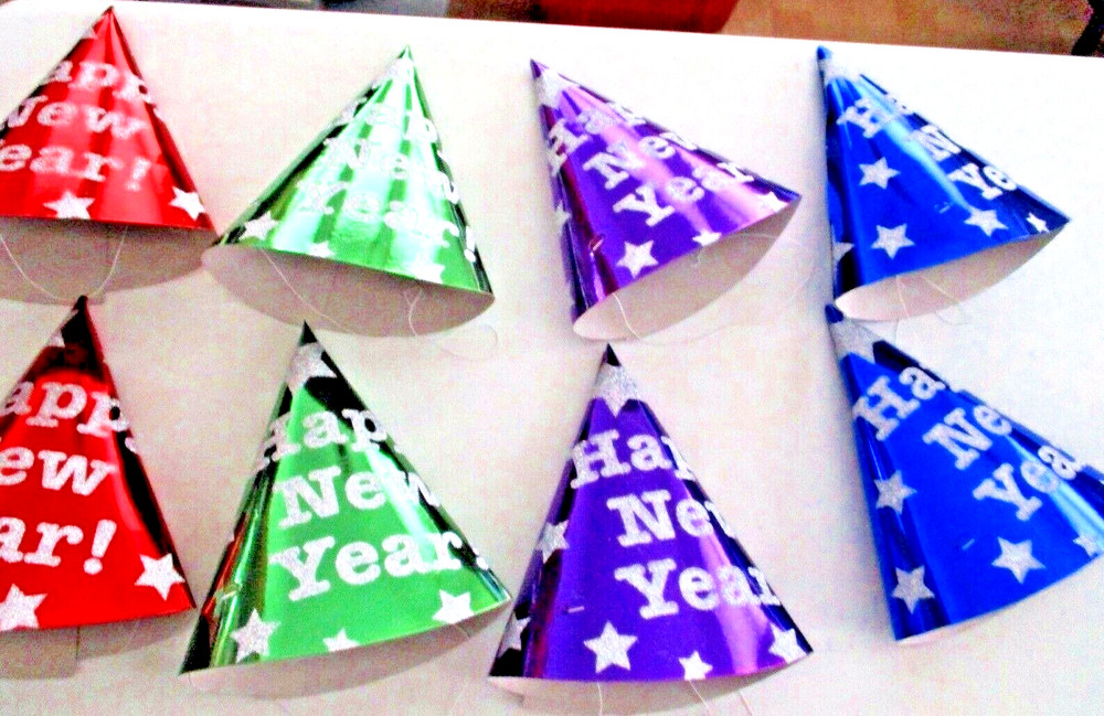 New 8 STANDARD SIZE New Year’s Eve CONE Elastic FOIL GLITTER STARS Party Hats