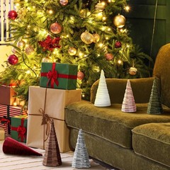 6 Pcs Neutral Velvet Christmas Cone Tree 6″ 8″ 10.5″ Velvet Cone Pedestal Chr…