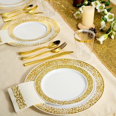 FOCUSLINE 175 Ct Gold Dinnerware Set for 25 Guests, Plastic Plates with Gold …