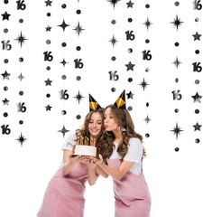 Black Number 16 Circle Dot Twinkle Star Garland Metallic Streamer Bunting Banner
