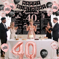 40th Birthday Decorations for Women – Rose Gold & Black Banner, Balloons, Cake T