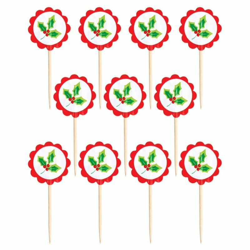 36 CHRISTMAS HOLLY PICKS TOPPERS FOOD CUPCAKE PARTY TABLE DECORATION CAKE