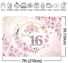 7x5ft Sweet 16 Backdrop Banner Decorations for Girls Birthday Party Pink Floral