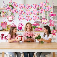 Happy Mother’s Day Decorations Banner and Hanging Swirls,Pink Flower Mothers Day