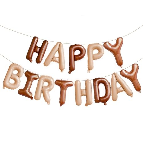Beige and Brown Happy Birthday Balloons Banner, 16 Inch Mylar Foil Beige Brown