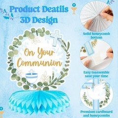12Pcs Blue Baptism First Communion Party Honeycomb Centerpieces Cross Religio…
