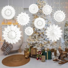 White Paper Snowflake Decorations, 9Pcs Christmas Winter Snowflake Paper Lantern