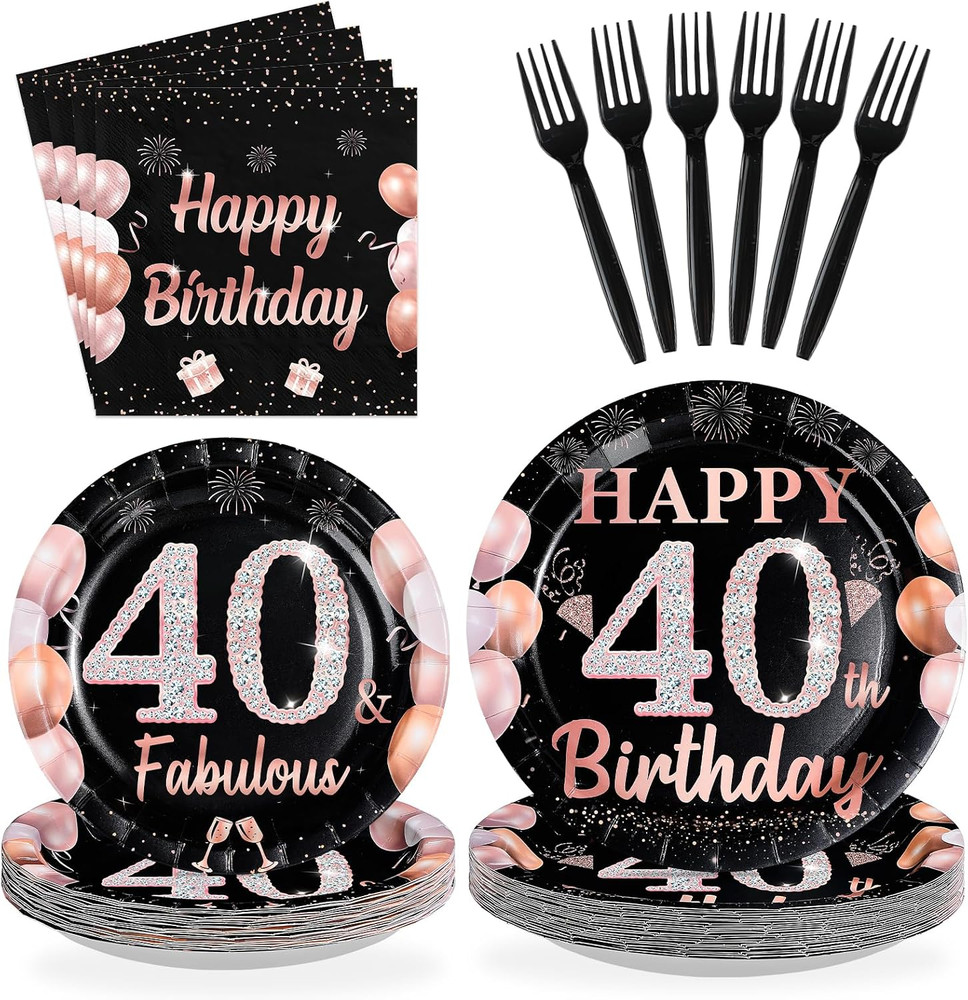 96Pcs 40Th Birthday Decorations for Men Women Black and Rose Gold 40Th Plates an
