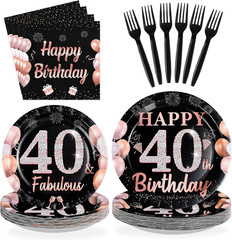 96Pcs 40Th Birthday Decorations for Men Women Black and Rose Gold 40Th Plates an