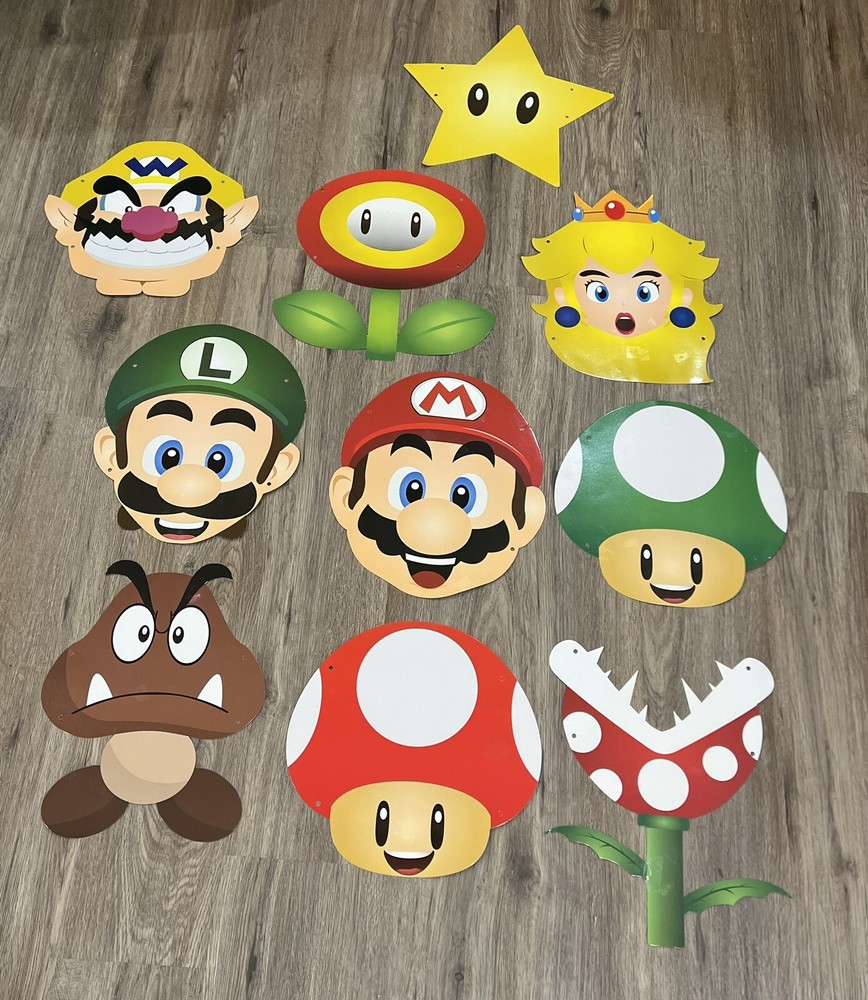 Mario brothers Paper Wall Hanging 10 total w/ double sided tape and ribbon