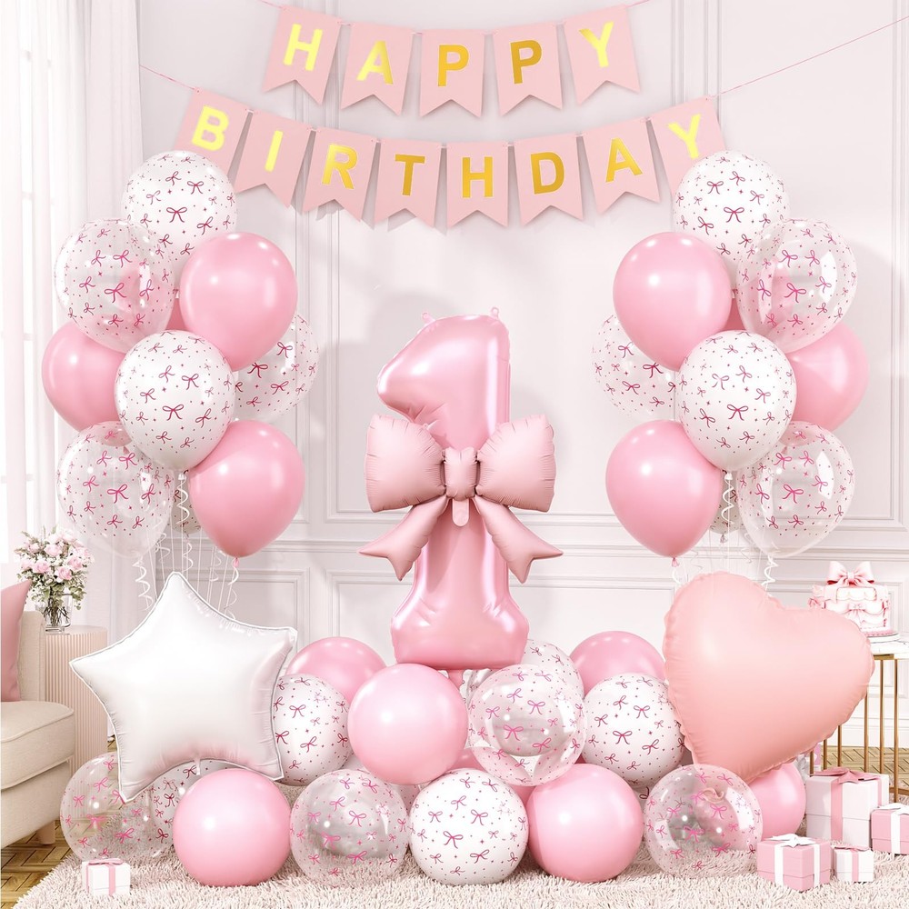 1st Pink Bow Birthday Decorations for Girls,Pink White Clear Bow Latex Balloo…