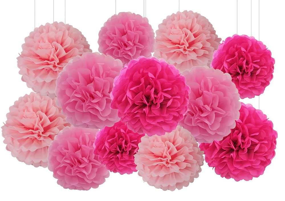 12 PCS Pink Tissue Paper Pom Poms Hanging Flower Ball For Party Decor