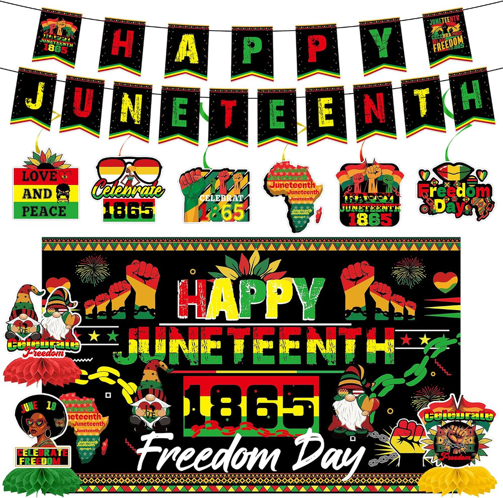 Juneteenth Decorations, 12 Pcs Happy Juneteenth Decor with Banners Hanging Swirl