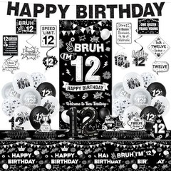12th Birthday Decorations for Boys – Black Party Supplies, Banner, Tablecloth, C