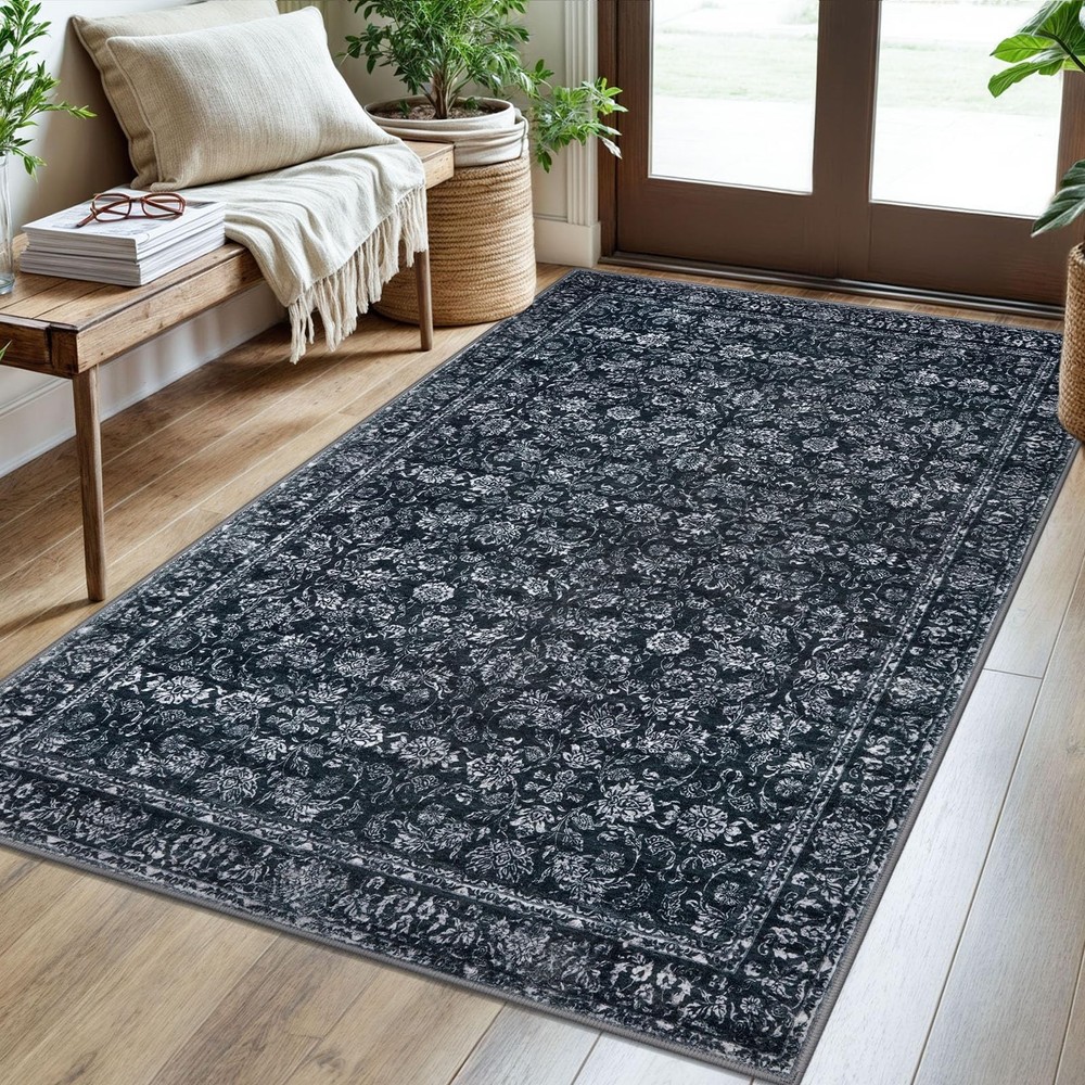 3×5 Entryway Area Rug Black Washable Soft Distressed Floral Rugs, Non-Slip Lo…