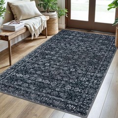 3×5 Entryway Area Rug Black Washable Soft Distressed Floral Rugs, Non-Slip Lo…