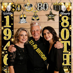 80th Birthday Decorations for Men and Women, Black and Gold Vintage Party Suppli