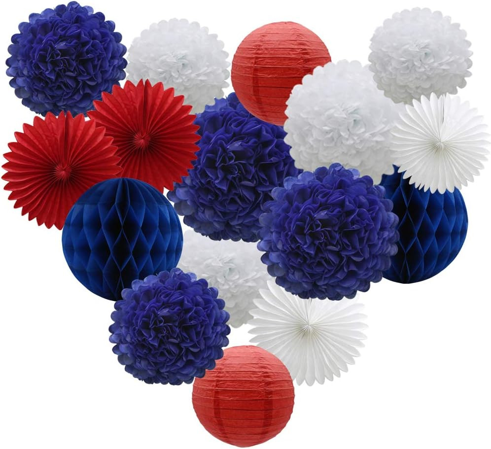 16 Pcs Navy Blue Red White Hanging Party Decoration Kit, Tissue Paper Pom Pom…