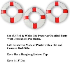 3-PC Red & White Plastic Life Preserver Flat Wall Decor Beach Nautical 18″ #198