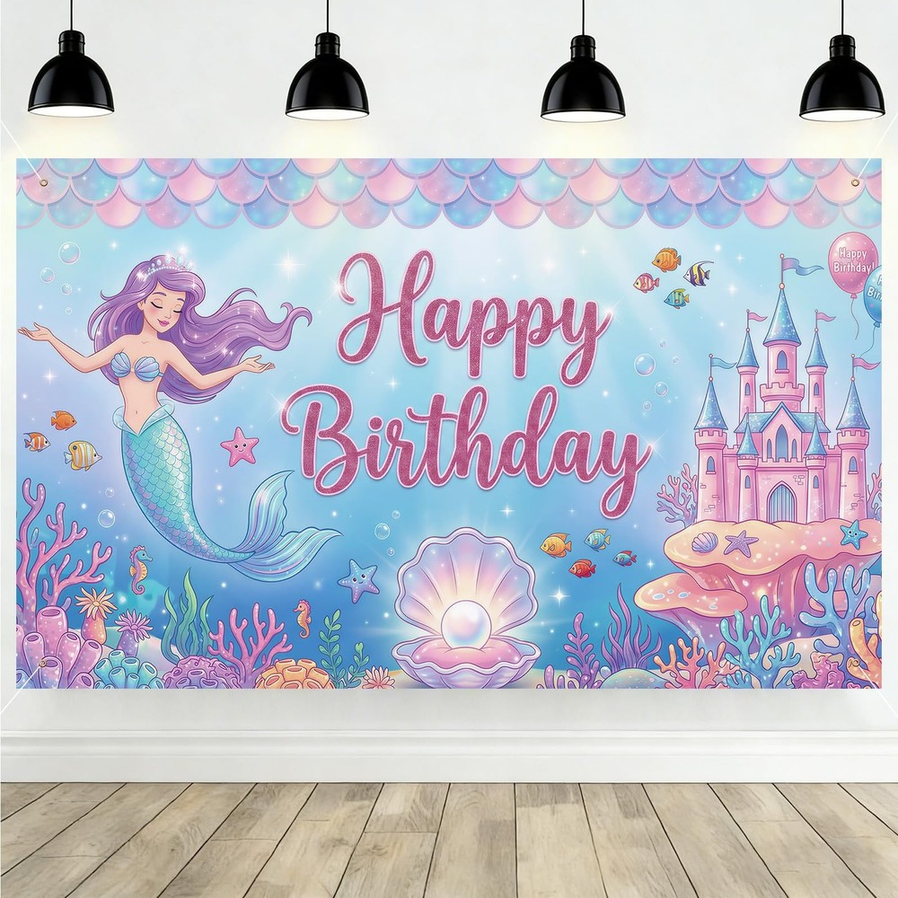 Lednica Mermaid Birthday Backdrop, 71 inches x 43 inches, Blue