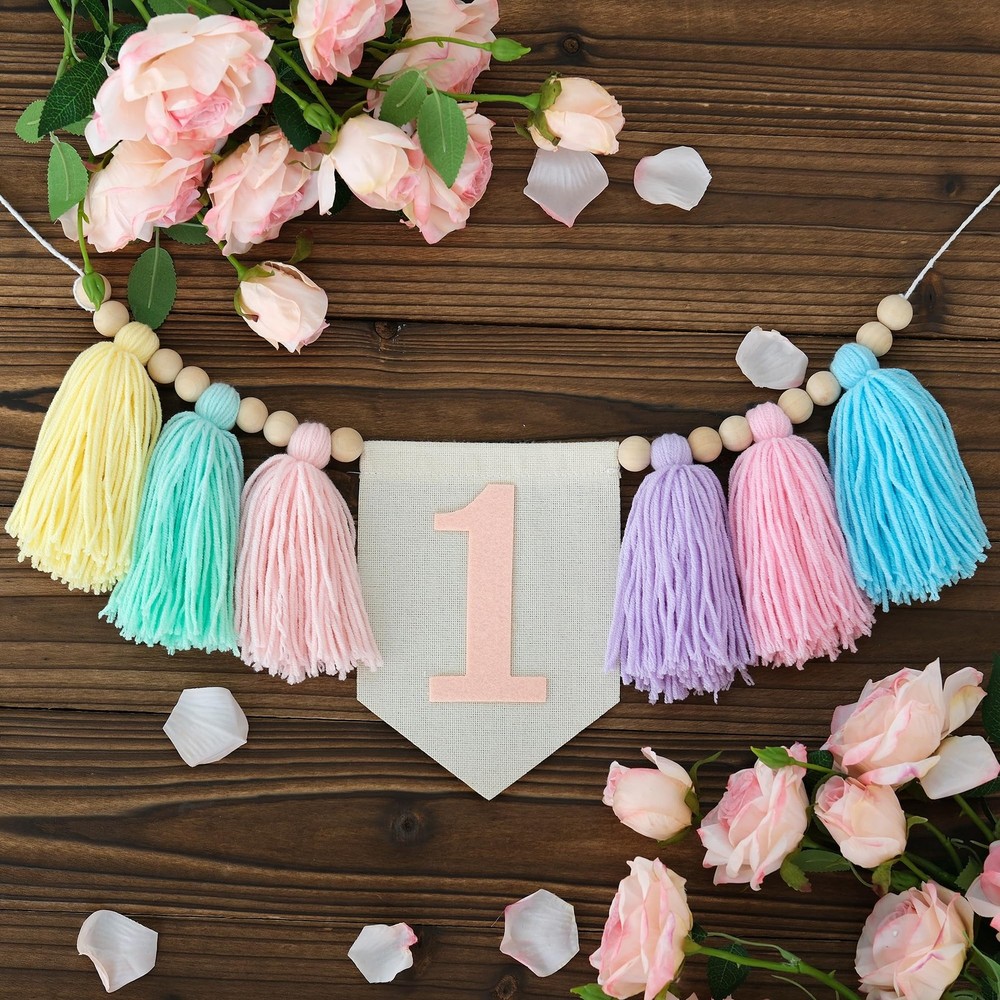 Pastel Macaron one high chair banner Handmade First Birthday High Chair Banne…