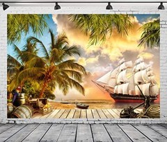 BELECO 7x5ft Fabric Beach Island Pirate Ship Backdrop Ocean 7x5FT A10031
