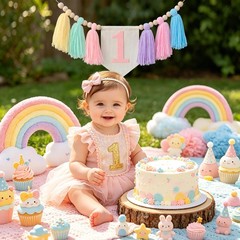 Pastel Macaron one high chair banner Handmade First Birthday High Chair Banne…
