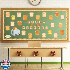 BkeeCten New Year Bulletin Board – 107 Pcs Cute Toast Pattern Cardstock Cutou