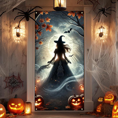 Halloween Decorations Witch Pumpkins Bats Haunted House Door Cover Banner 35X71″