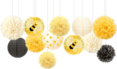 Bee Party Decorations, 12PCS Yellow Hanging Paper Lanterns Tissue Pom Poms Decor