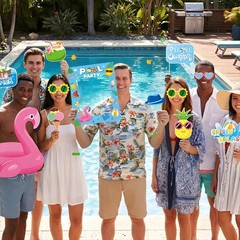 33 PCS Blue Frame Pool Party Photo Booth Props Summer Beach Theme Decorations