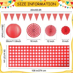 18 Pcs Red Gingham Picnic Party Decorations Tablecloth Banner Fans Lanterns