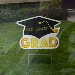 Graduation Yard Sign With Stake Black White Gold Cap Congrats Grad 12.5 x 9.45″
