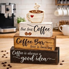 4 Pcs Wooden Coffee Bar Decorations Rustic Coffee Bar Signs for Tiered Tray F…
