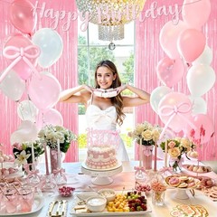 Pink Bow Birthday Decorations 92pcs Coquette Birthday Decor with Happy Birthd…