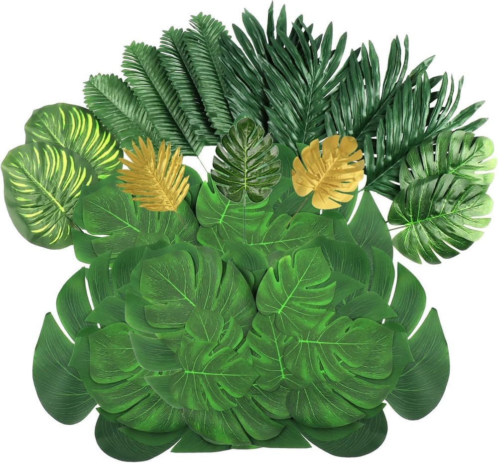 54Pieces 9Kinds Artificial Tropical Leaf Jungle Leaves 54pcs Green & Golden