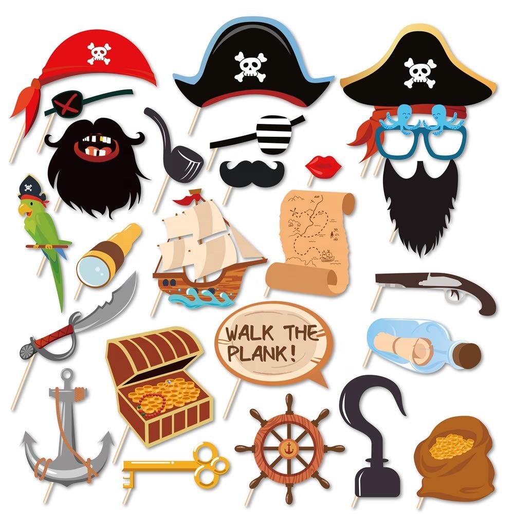 25 Pcs Pirate Photo Booth Props with Stick Pirates of The Caribbean Theme