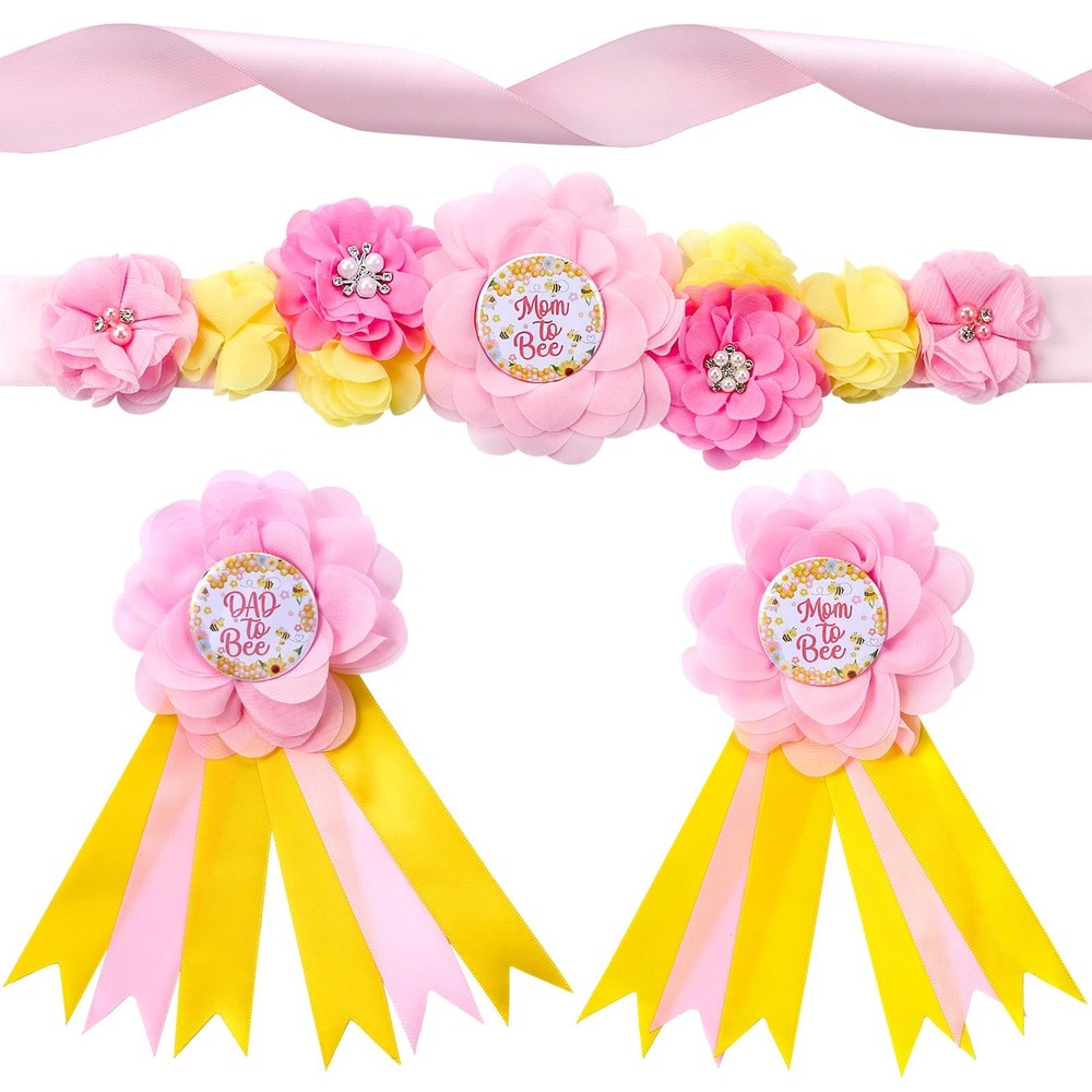Maternity Sash Corsage Set Mom Daddy To Be Pins Fabric Flower Baby Shower Prop