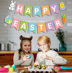 Happy Easter Banner – Multi-Colored, 5.12″ X 7″ Flags, Easter Party Decorations