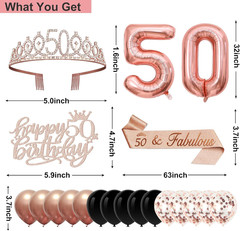 50th Birthday Party Decorations Kit 32pcs Rose Gold Black Banner Crown Sash Ball