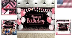 Birthday Decorations Backdrop Banner 72.8×43.3 Inch Pink Black Photo Background