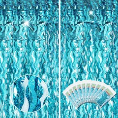 10 Pieces 3.3×6.6ft Foil Fringe Backdrop Party Wavy Tinsel Fringe Blue Green