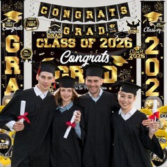 Graduation Decorations 2026 Black and Gold Party Decor Set include Congrats G…