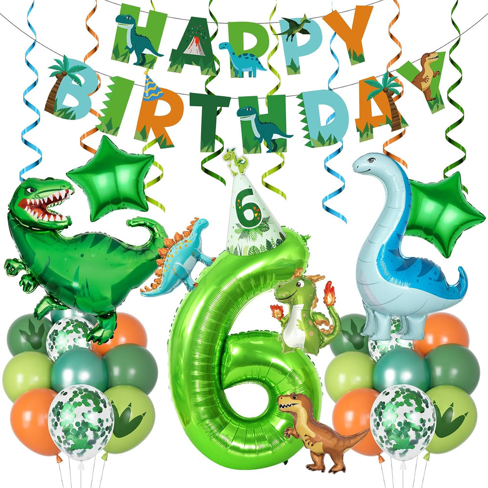 Dinosaur 6Th Birthday Party Decorations for Boys Girl, Foil Green Star Number 6
