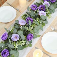 2 Pack 13Ft Artificial Eucalyptus Flower Garland with Purple Roses, Fake Rose