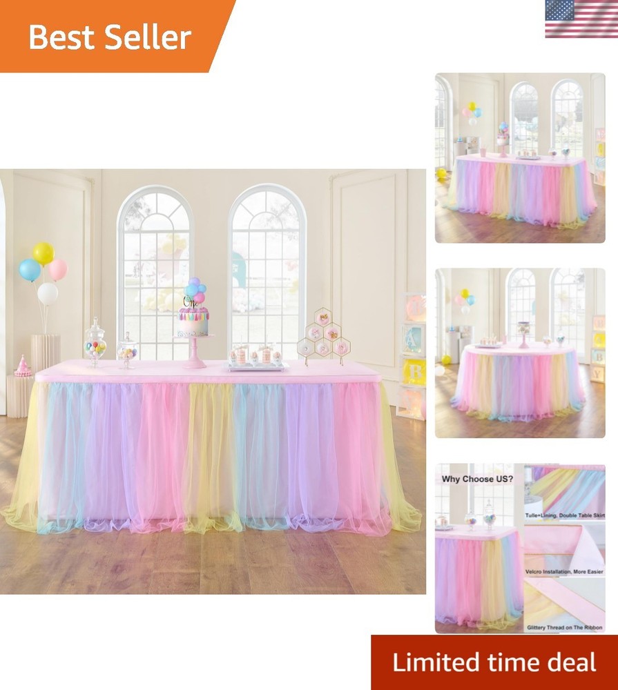 72in Rainbow Tulle Table Skirts for Rectangle Tables 6/4ft, 2-Layer Pastel Co…