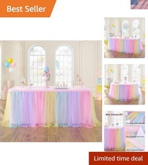 72in Rainbow Tulle Table Skirts for Rectangle Tables 6/4ft, 2-Layer Pastel Co…
